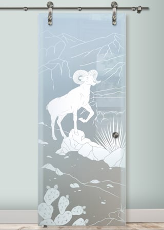 Glass Barn Door featuring a Frosted Glass Wildlife Design Sandblast Etched Glass Bighorn Design by Sans Soucie