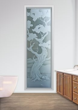 Art Glass Window Featuring Sandblast Frosted Glass by Sans Soucie for Private with Asian Bonsai Design