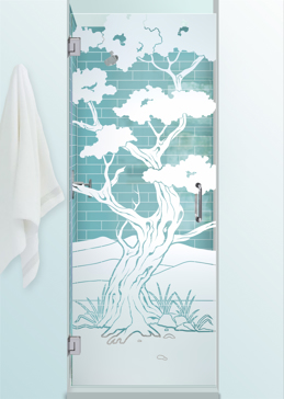 Art Glass Shower Door Featuring Sandblast Frosted Glass by Sans Soucie for Not Private with Asian Bonsai Design