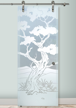 Art Glass Sliding Glass Barn Door Featuring Sandblast Frosted Glass by Sans Soucie for Private with Asian Bonsai Design