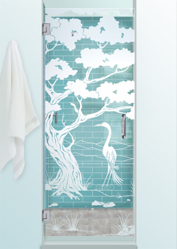 Not Private Shower Door with Sandblast Etched Glass Art by Sans Soucie Featuring Bonsai Egret Asian Design