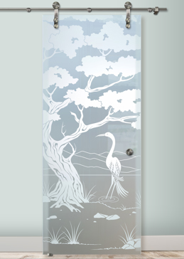 Private Sliding Glass Barn Door with Sandblast Etched Glass Art by Sans Soucie Featuring Bonsai Egret Asian Design