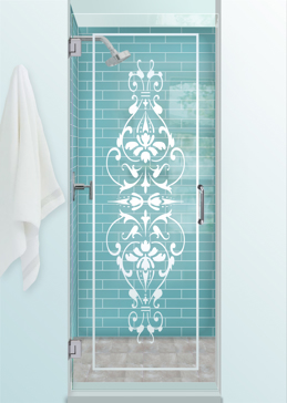 Art Glass Shower Door Featuring Sandblast Frosted Glass by Sans Soucie for Not Private with Traditional Bordeaux Design