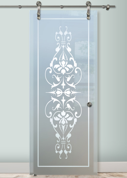 Art Glass Sliding Glass Barn Door Featuring Sandblast Frosted Glass by Sans Soucie for Private with Traditional Bordeaux Design