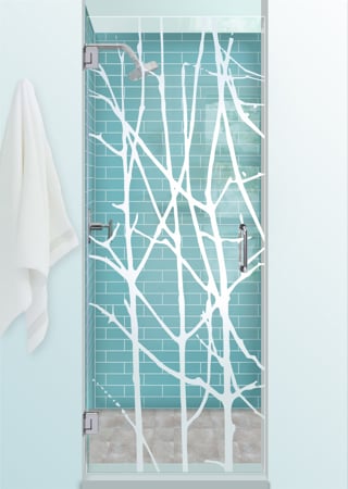 Shower Door with a sandblast Frosted Glass Tree Design Custom-Designed Decorative Etched Glass