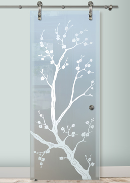 Sliding Glass Barn Door with Frosted Glass Asian Cherry Blossom Design by Sans Soucie
