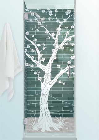 Shower Door featuring Frosted Glass Design Etched Glass by Sans Soucie Art Glass with Custom Asian Design Cherry Blossom III