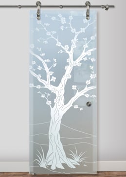 Handcrafted Etched Glass Sliding Glass Barn Door by Sans Soucie Art Glass with Custom Asian Design Called Cherry Blossom III Creating Private