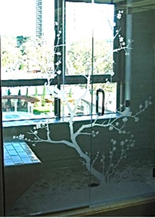 Shower Enclosure with Frosted Glass Asian Cherry Blossom Design by Sans Soucie