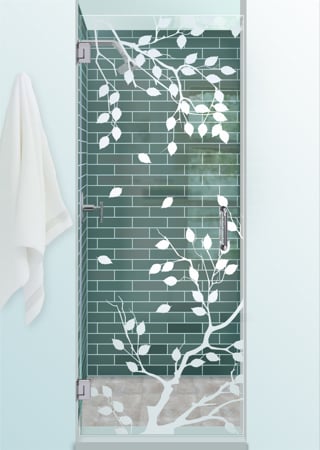 Shower Door showcasing a Frosted Glass Asian Design with Sandblast Etched Glass Art by Sans Soucie Cherry Tree Design
