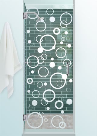 Shower Door showcasing a Frosted Glass Geometric Design with Sandblast Etched Glass Art by Sans Soucie Circularity Design