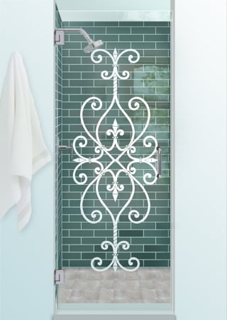 Shower Door with a sandblast Frosted Glass Wrought Iron Design Custom-Designed Decorative Etched Glass