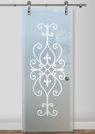 Glass Barn Door with a sandblast Frosted Glass Wrought Iron Design Custom-Designed Decorative Etched Glass