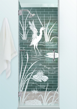 Not Private Shower Door with Sandblast Etched Glass Art by Sans Soucie Featuring Cranes A Wildlife Design