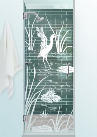 Shower Door showcasing a Frosted Glass Wildlife Design with Sandblast Etched Glass Art by Sans Soucie Cranes A Design