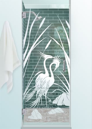Shower Door showcasing a Frosted Glass Wildlife Design with Sandblast Etched Glass Art by Sans Soucie Cranes & Cattails Design