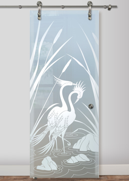 Private Sliding Glass Barn Door with Sandblast Etched Glass Art by Sans Soucie Featuring Cranes & Cattails Wildlife Design