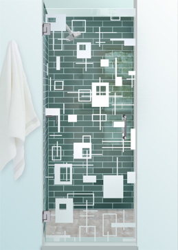 Shower Door with a Frosted Glass Cross Bars Geometric Design for Not Private by Sans Soucie Art Glass