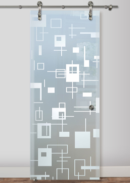 Sliding Glass Barn Door with a Frosted Glass Cross Bars Geometric Design for Private by Sans Soucie Art Glass