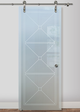 Art Glass Sliding Glass Barn Door Featuring Sandblast Frosted Glass by Sans Soucie for Private with Geometric Cross Hatch Design