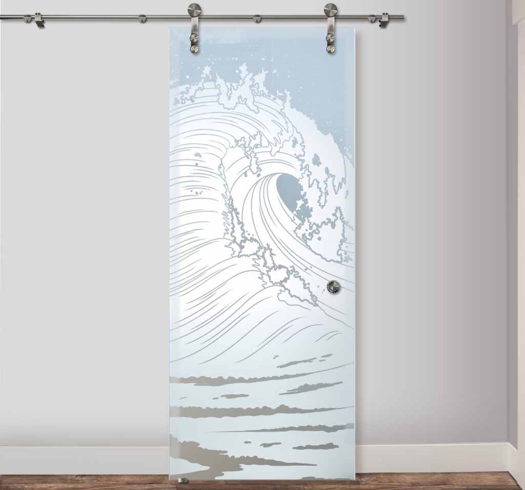 Decorative etched glass sliding door