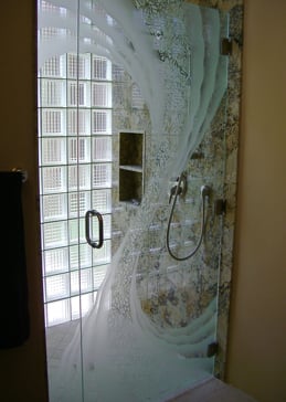 Art Glass Shower Enclosure Featuring Sandblast Frosted Glass by Sans Soucie for Semi-Private with Abstract Cyclone Design