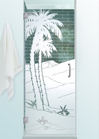 Shower Door with a sandblast Frosted Glass Palm Trees Design Custom-Designed Decorative Etched Glass