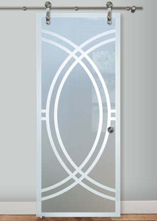 Glass Barn Door with a sandblast Frosted Glass Geometric Design Custom-Designed Decorative Etched Glass