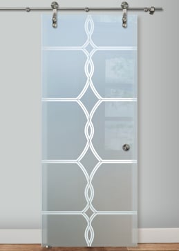 Handcrafted Etched Glass Sliding Glass Barn Door by Sans Soucie Art Glass with Custom Traditional Design Called Diamond Beads Creating Private