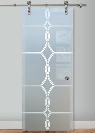 Glass Barn Door featuring Frosted Glass Design Etched Glass by Sans Soucie Art Glass with Custom Traditional Design Diamond Beads