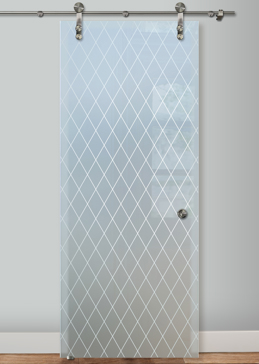 Sliding Glass Barn Door with a Frosted Glass Diamond Grid Patterns Design for Private by Sans Soucie Art Glass