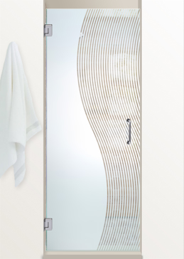Art Glass Shower Door Featuring Sandblast Frosted Glass by Sans Soucie for Not Private with Geometric Divise Stripes Design