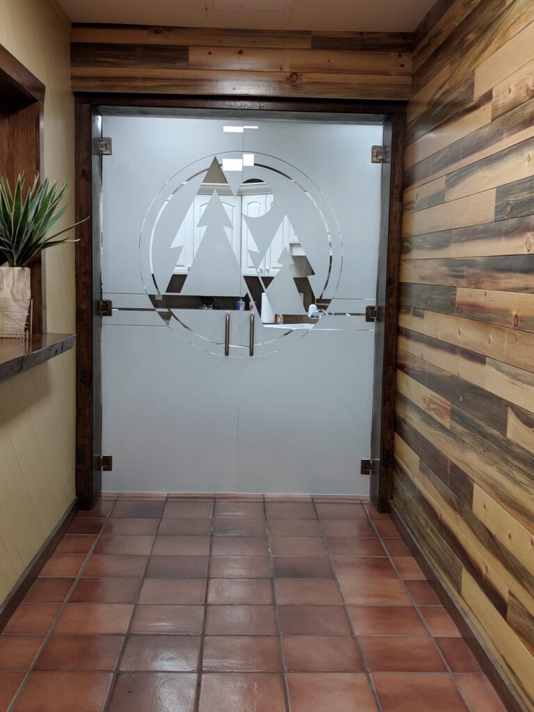 Dodson Lumber (similar look) Semi-Private - 1D Negative Etched Glass Finish Frameless Glass Interior Doors Sans Soucie