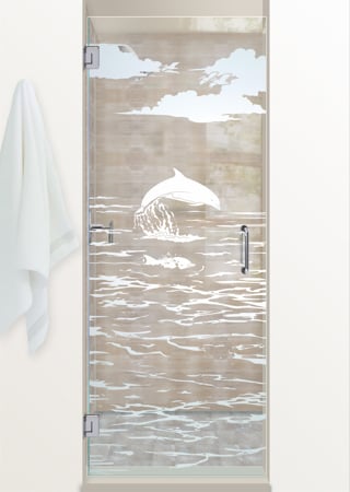 Shower Door featuring Frosted Glass Design Etched Glass by Sans Soucie Art Glass with Custom Oceanic Design Dolphins in the Shimmer