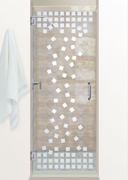 Not Private Shower Door with Sandblast Etched Glass Art by Sans Soucie Featuring Falling Squares Geometric Design