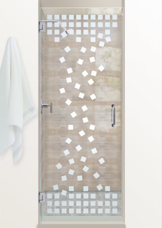 Shower Door showcasing a Frosted Glass Geometric Design with Sandblast Etched Glass Art by Sans Soucie Falling Squares Design