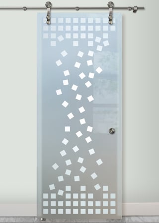 Glass Barn Door showcasing a Frosted Glass Geometric Design with Sandblast Etched Glass Art by Sans Soucie Falling Squares Design