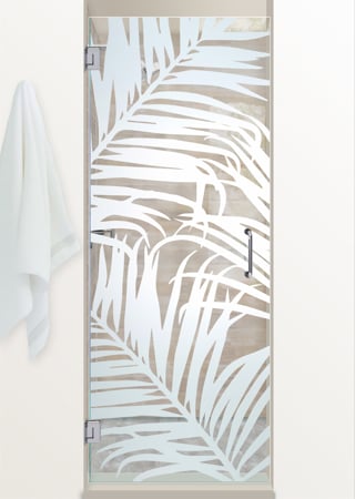 Shower Door featuring a Frosted Glass Tropical Design Sandblast Etched Glass Fern Leaves Design by Sans Soucie