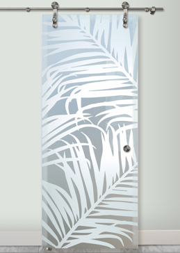 Handmade Sandblasted Frosted Glass Sliding Glass Barn Door for Private Featuring a Tropical Design Fern Leaves by Sans Soucie