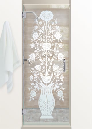 Shower Door with a sandblast Frosted Glass Floral Design Custom-Designed Decorative Etched Glass