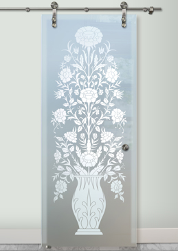 Custom-Designed Decorative Sliding Glass Barn Door with Sandblast Etched Glass by Sans Soucie Art Glass Handcrafted by Glass Artists