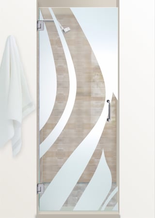 Shower Door featuring a Frosted Glass Abstract Design Sandblast Etched Glass Flow Design by Sans Soucie