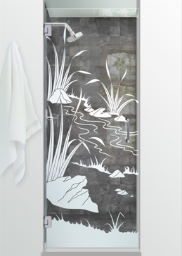 Handcrafted Etched Glass Shower Door by Sans Soucie Art Glass with Custom Foliage Design Called Flowing Streams Creating Not Private