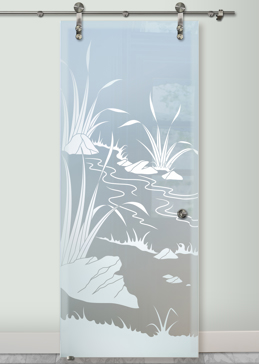 Handcrafted Etched Glass Sliding Glass Barn Door by Sans Soucie Art Glass with Custom Foliage Design Called Flowing Streams Creating Private