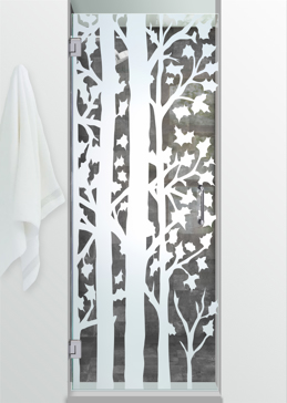 Not Private Shower Door with Sandblast Etched Glass Art by Sans Soucie Featuring Forest Trees Trees Design
