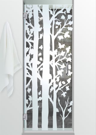 Shower Door showcasing a Frosted Glass Tree Design with Sandblast Etched Glass Art by Sans Soucie Forest Trees Design