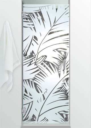 Shower Door featuring a Frosted Glass Tropical Design Sandblast Etched Glass Fronds Design by Sans Soucie
