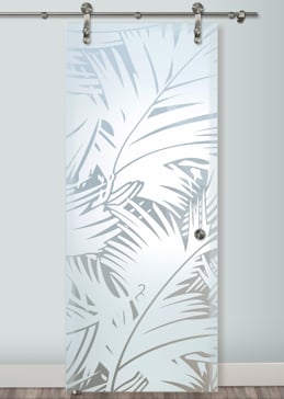 Handmade Sandblasted Frosted Glass Sliding Glass Barn Door for Private Featuring a Tropical Design Fronds by Sans Soucie