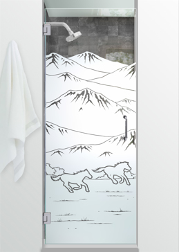 Handmade Sandblasted Frosted Glass Shower Door for Not Private Featuring a Western Design Galloping in the Vistas by Sans Soucie