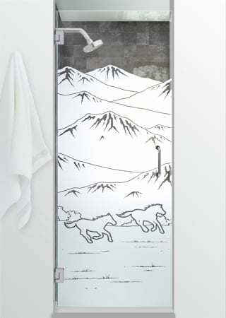 Shower Door featuring a Frosted Glass Western Design Sandblast Etched Glass Galloping in the Vistas Design by Sans Soucie